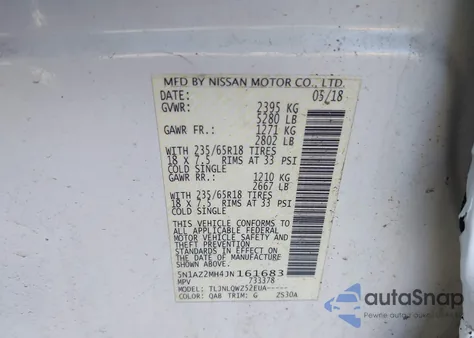 2018 Nissan Murano Sv z USA, uszkodzony, nr VIN 5N1AZ2MH4JN161683